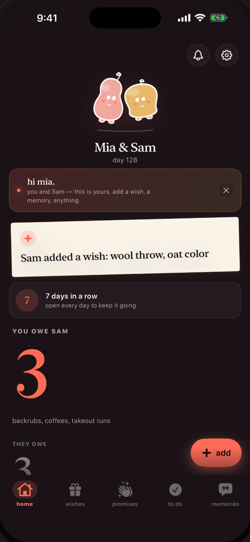 Doveling home screen — Mia & Sam, day 128