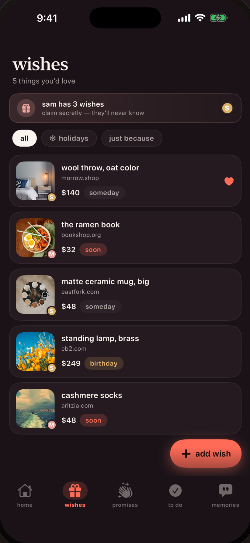 Wishes — a shared wishlist